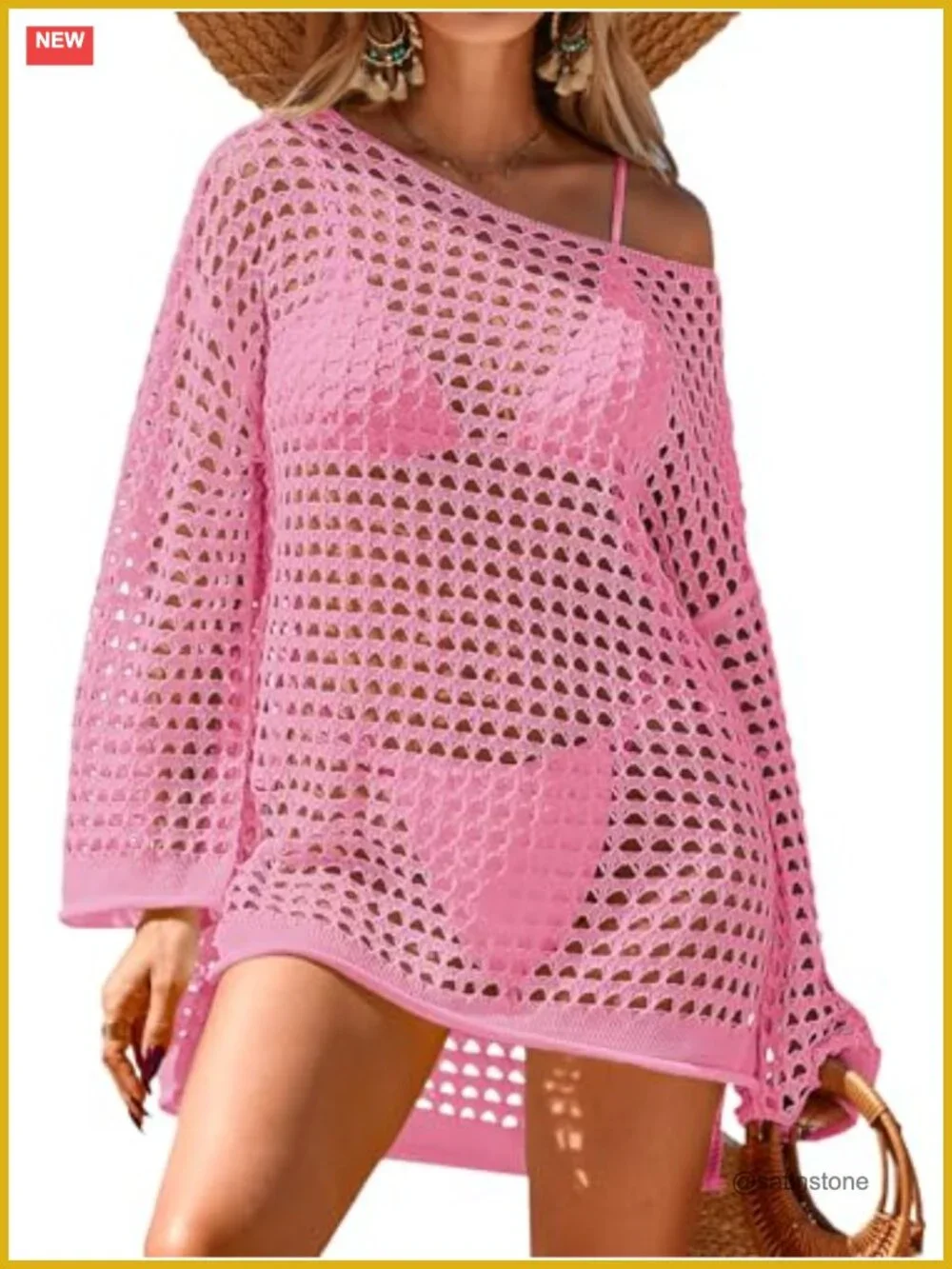 Crochet Mesh Swimsuit Cover Up Oversized Long Sleeve Mini Dress Beach Bathing